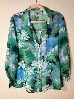 Chico's Sheer Tropical Floral Print Pull Tab Sleeves Button-Down Blouse XL